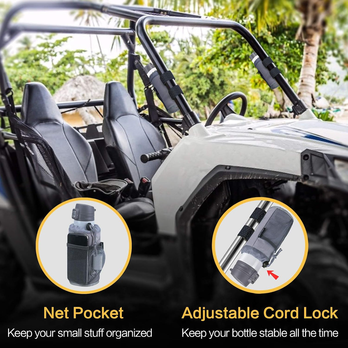 2Pack Cup Holder for Bike, Scooter and Wheelchair, Water Bottle Holder for UTV/ATV, Walker, Golf Cart and Beach, Universal Drink Holder Accessories with Net Pocket and Cord Lock (Black)