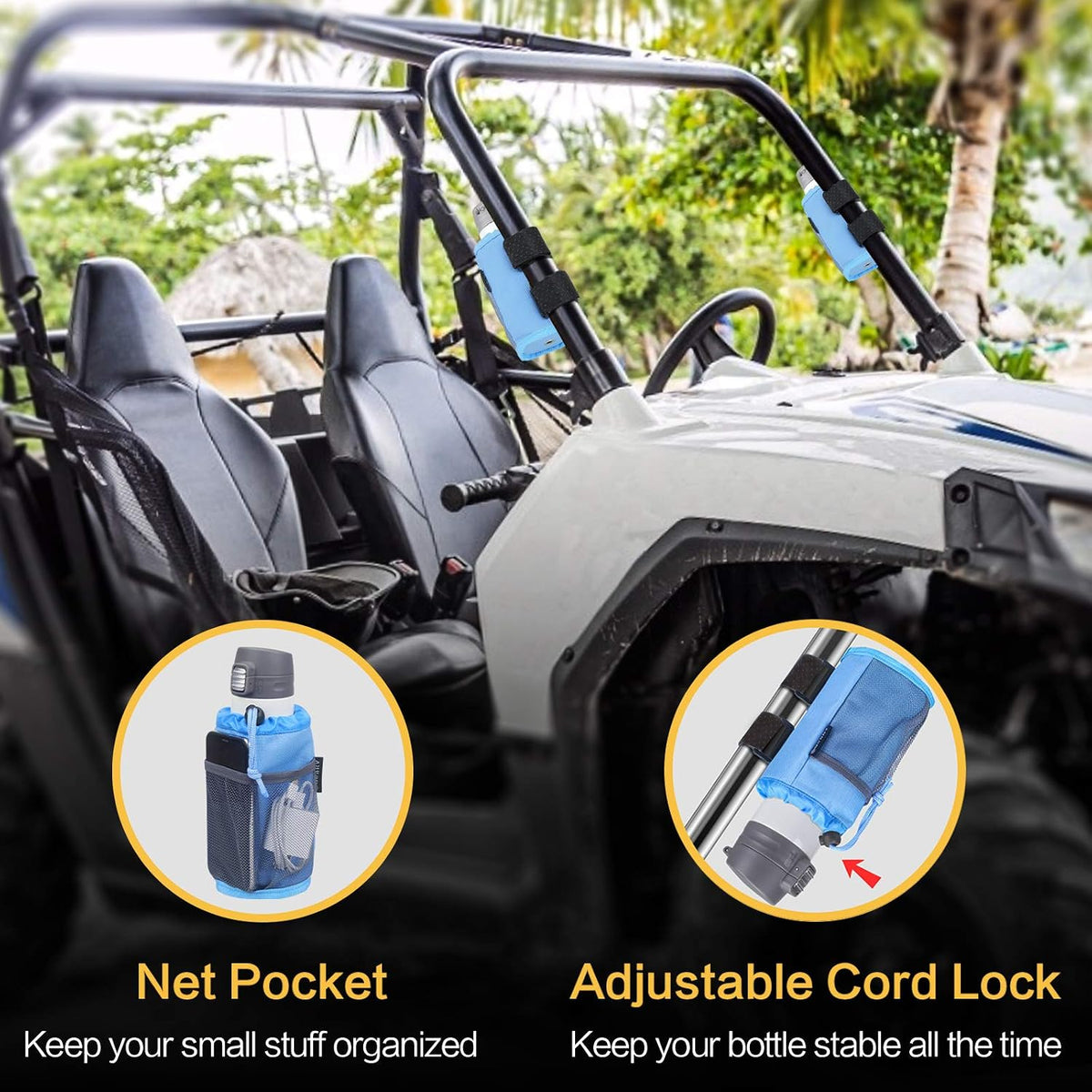 2Pack Cup Holder for Bike, Scooter and Wheelchair, Water Bottle Holder for UTV/ATV, Walker, Golf Cart and Beach, Universal Drink Holder Accessories with Net Pocket and Cord Lock (Black)