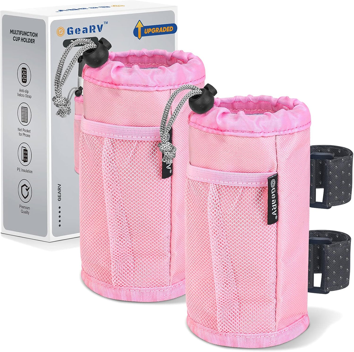 2Pack Cup Holder for Bike, Scooter and Wheelchair, Water Bottle Holder for UTV/ATV, Walker, Golf Cart and Beach, Universal Drink Holder Accessories with Net Pocket and Cord Lock (Black)