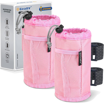 2Pack Cup Holder for Bike, Scooter and Wheelchair, Water Bottle Holder for UTV/ATV, Walker, Golf Cart and Beach, Universal Drink Holder Accessories with Net Pocket and Cord Lock (Black)
