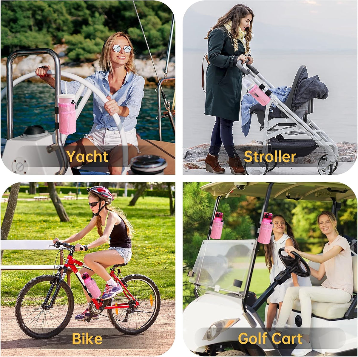 2Pack Cup Holder for Bike, Scooter and Wheelchair, Water Bottle Holder for UTV/ATV, Walker, Golf Cart and Beach, Universal Drink Holder Accessories with Net Pocket and Cord Lock (Black)