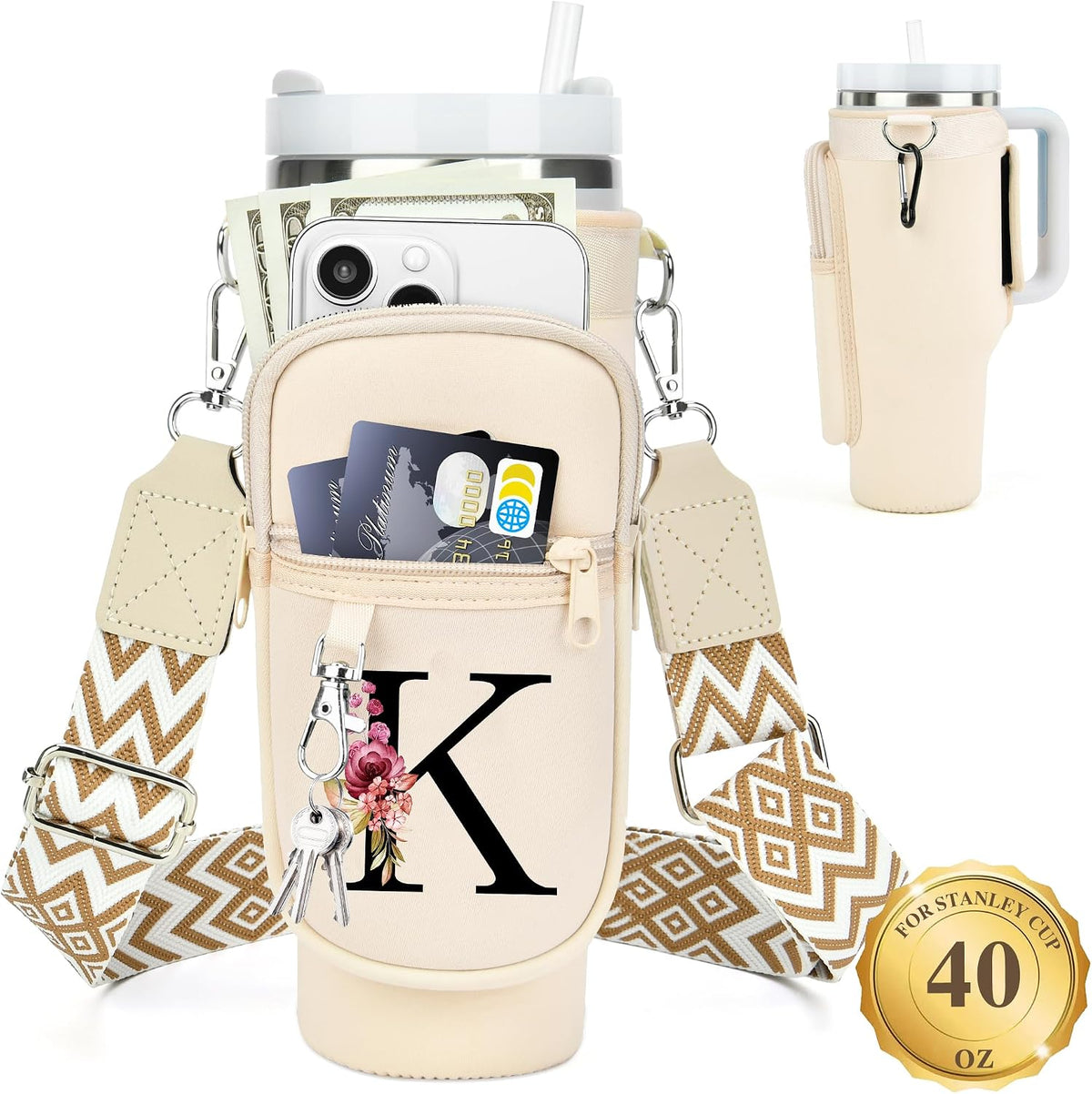 Initial Water Bottle Holder with Strap for Stanley Cup 40 oz with Handle