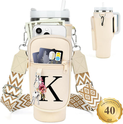 Initial Water Bottle Holder with Strap for Stanley Cup 40 oz with Handle