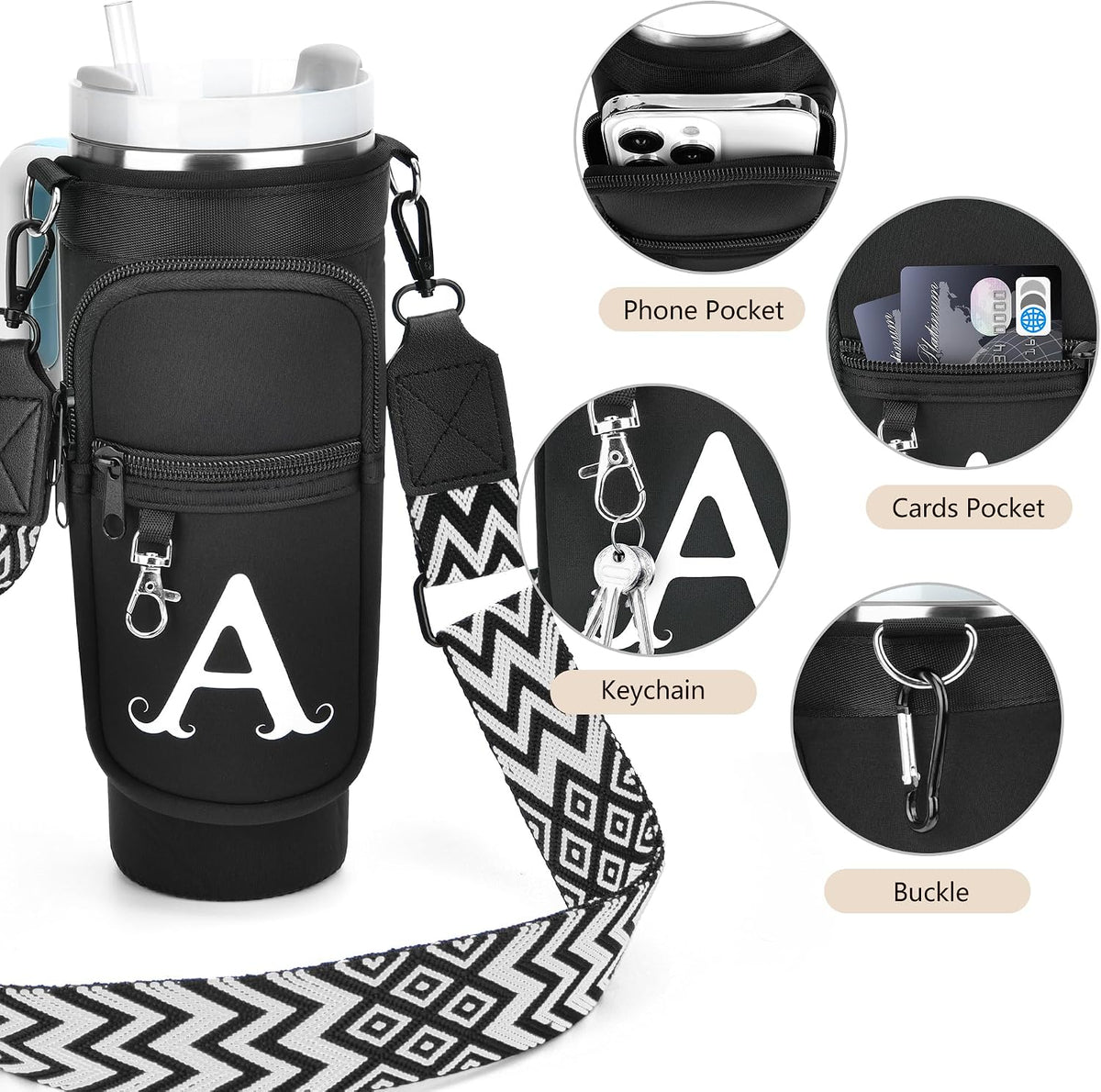 Initial Water Bottle Holder with Strap for Stanley Cup 40 oz with Handle