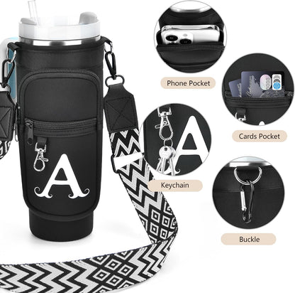 Initial Water Bottle Holder with Strap for Stanley Cup 40 oz with Handle