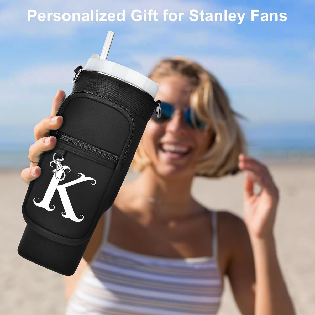 Initial Water Bottle Holder with Strap for Stanley Cup 40 oz with Handle