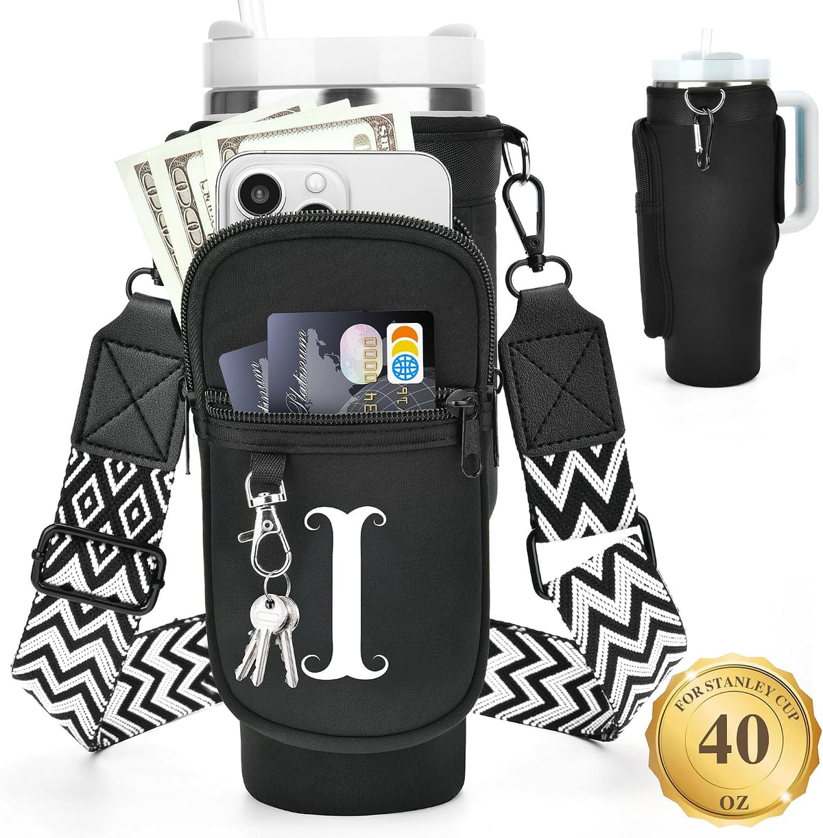Initial Water Bottle Holder with Strap for Stanley Cup 40 oz with Handle