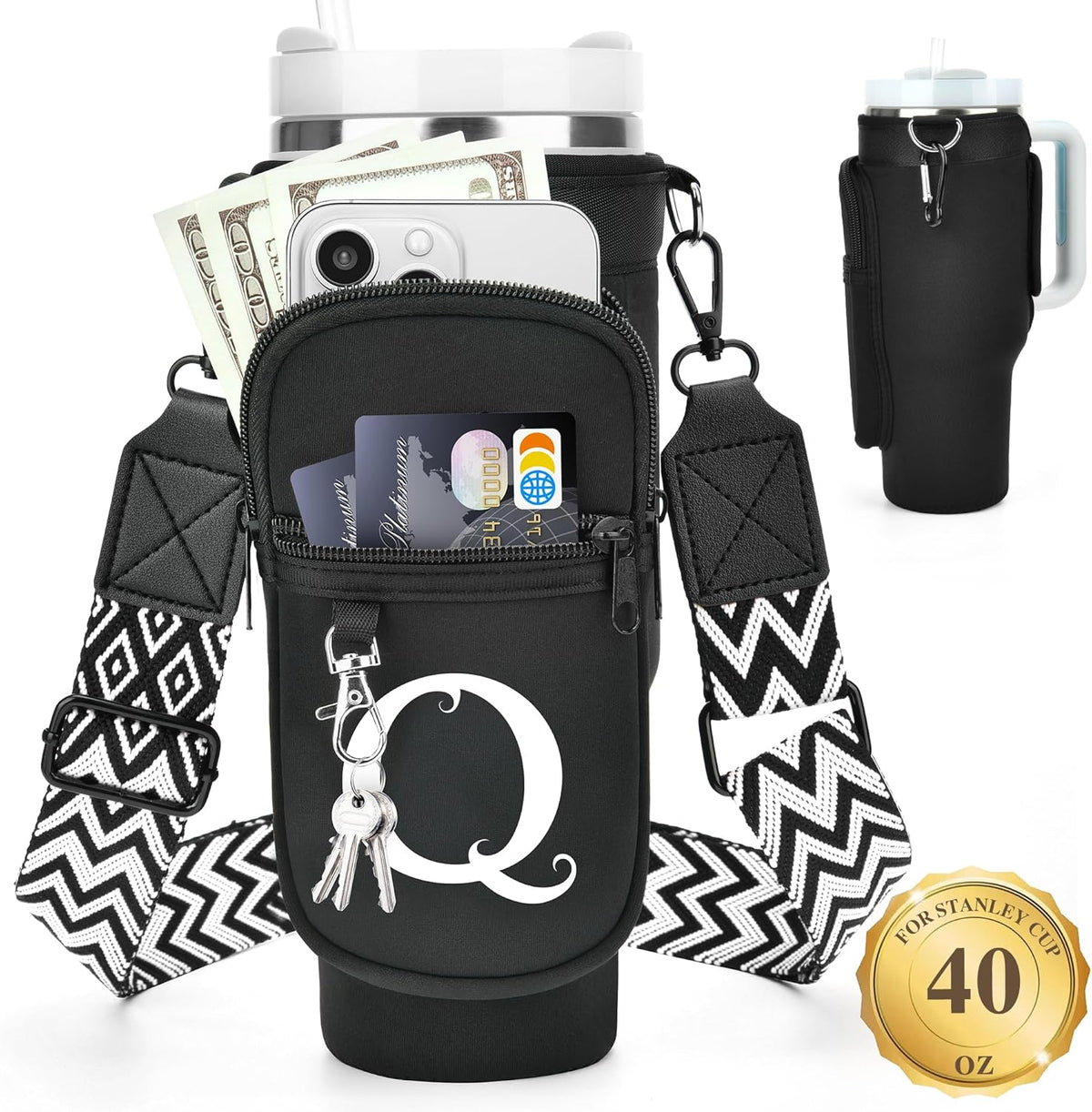 Initial Water Bottle Holder with Strap for Stanley Cup 40 oz with Handle