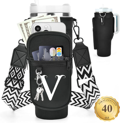 Initial Water Bottle Holder with Strap for Stanley Cup 40 oz with Handle