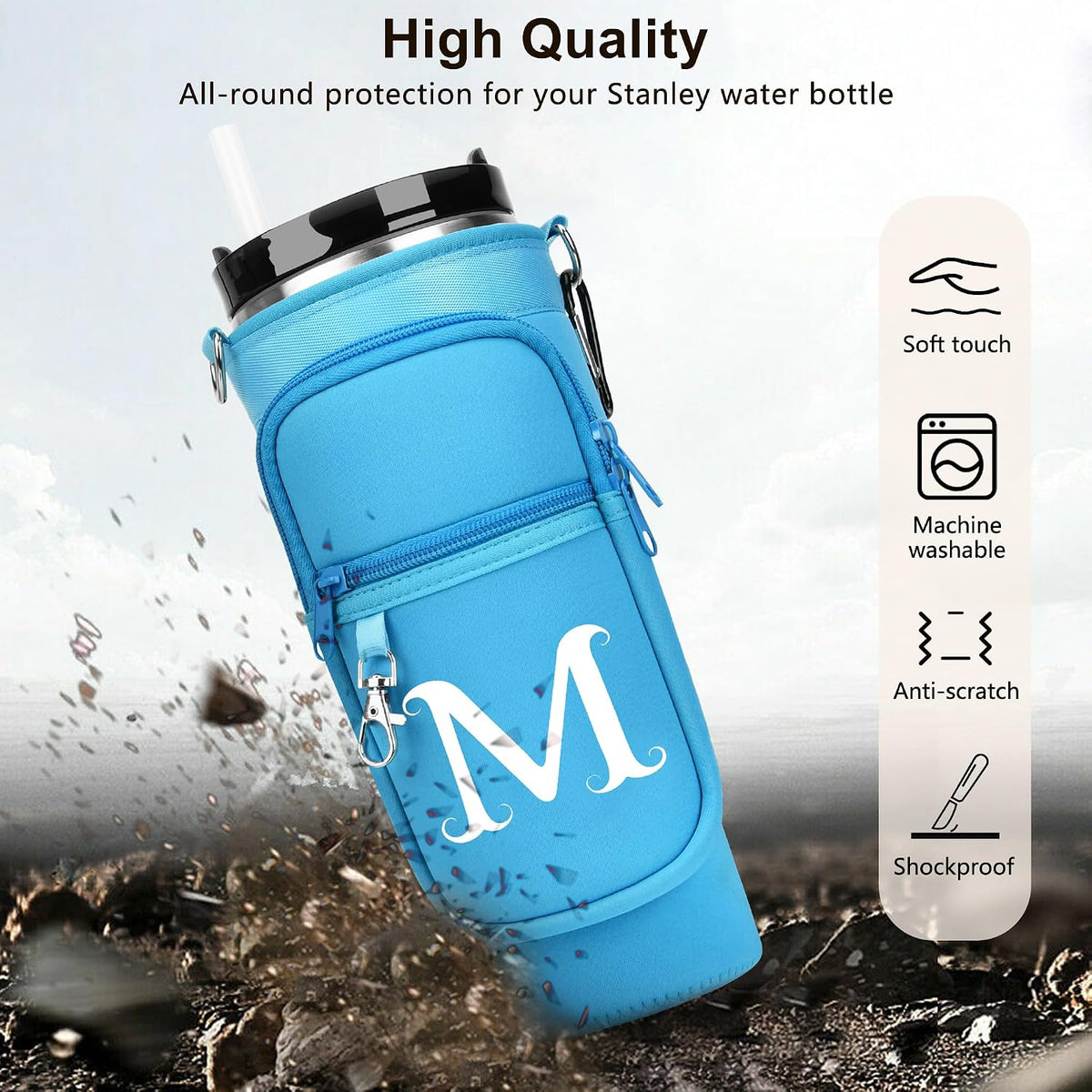 Initial Water Bottle Holder with Strap for Stanley Cup 40 oz with Handle