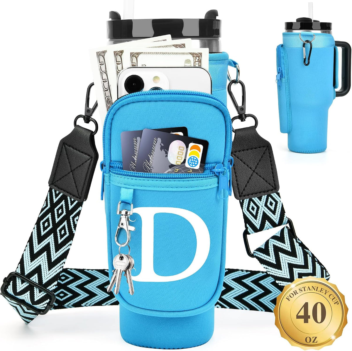 Initial Water Bottle Holder with Strap for Stanley Cup 40 oz with Handle