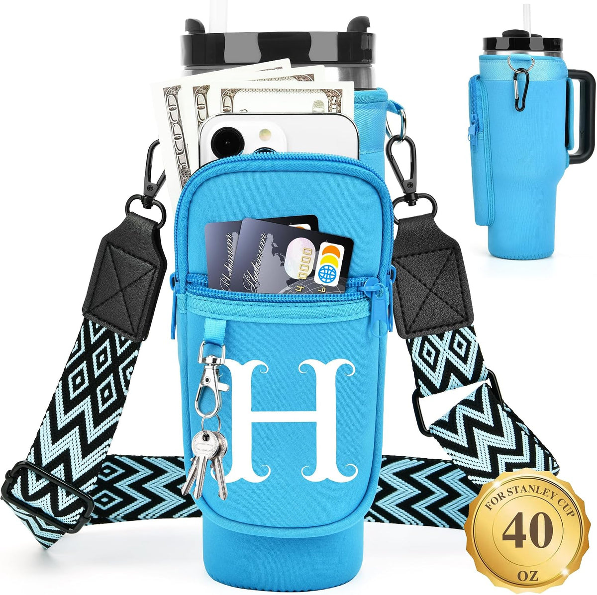 Initial Water Bottle Holder with Strap for Stanley Cup 40 oz with Handle
