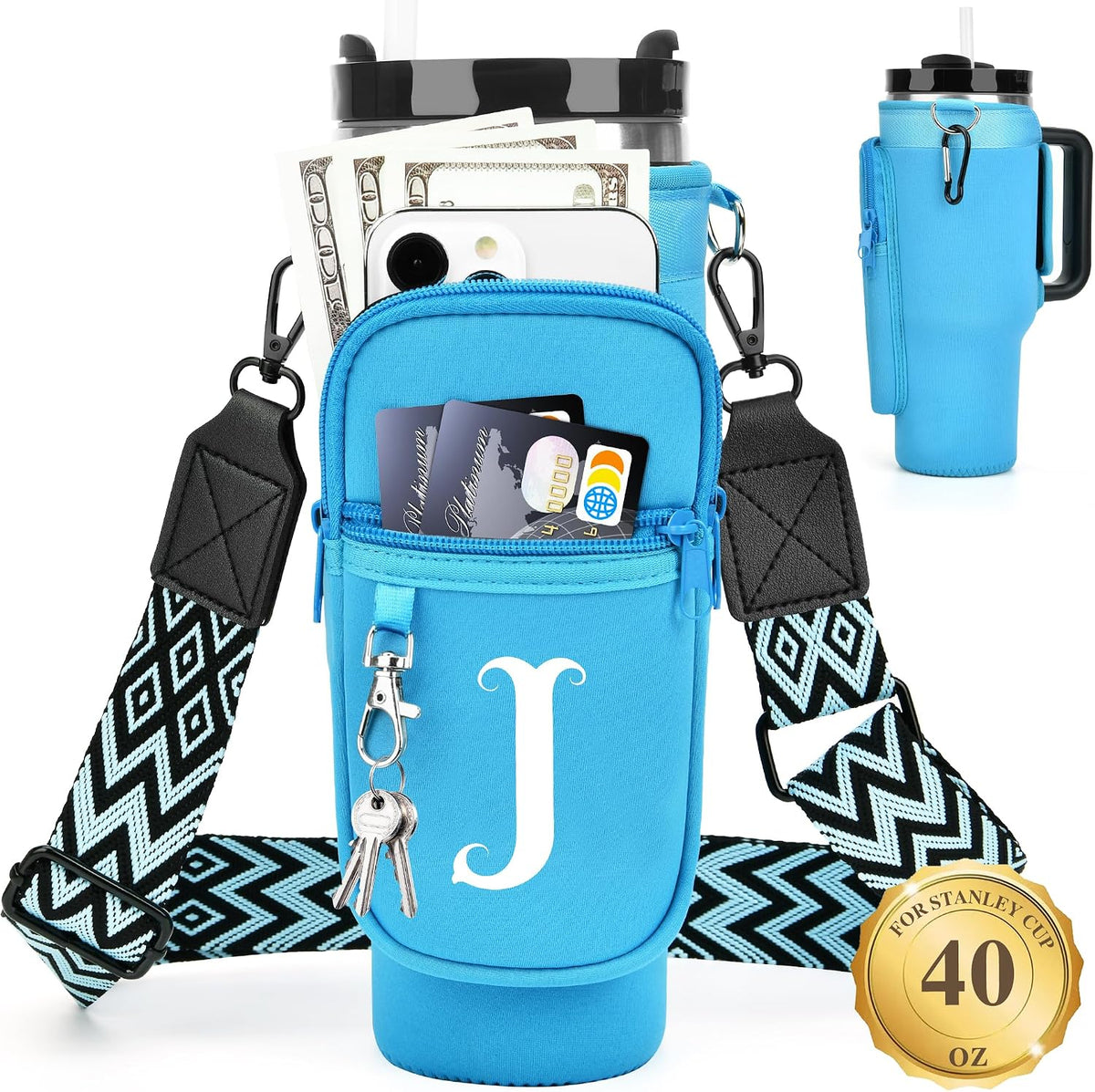 Initial Water Bottle Holder with Strap for Stanley Cup 40 oz with Handle