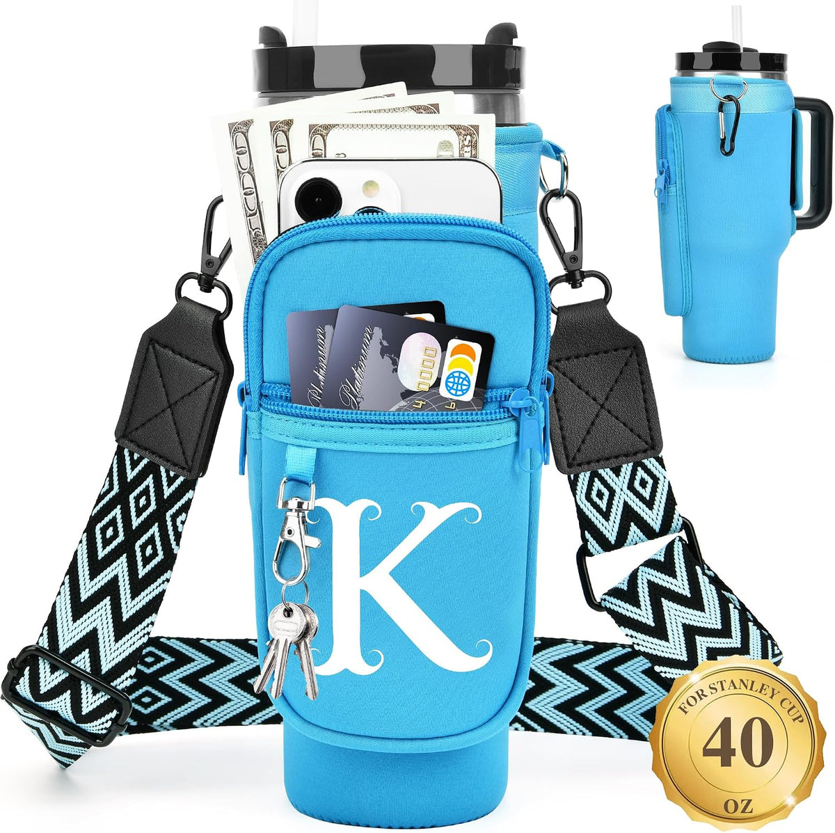 Initial Water Bottle Holder with Strap for Stanley Cup 40 oz with Handle