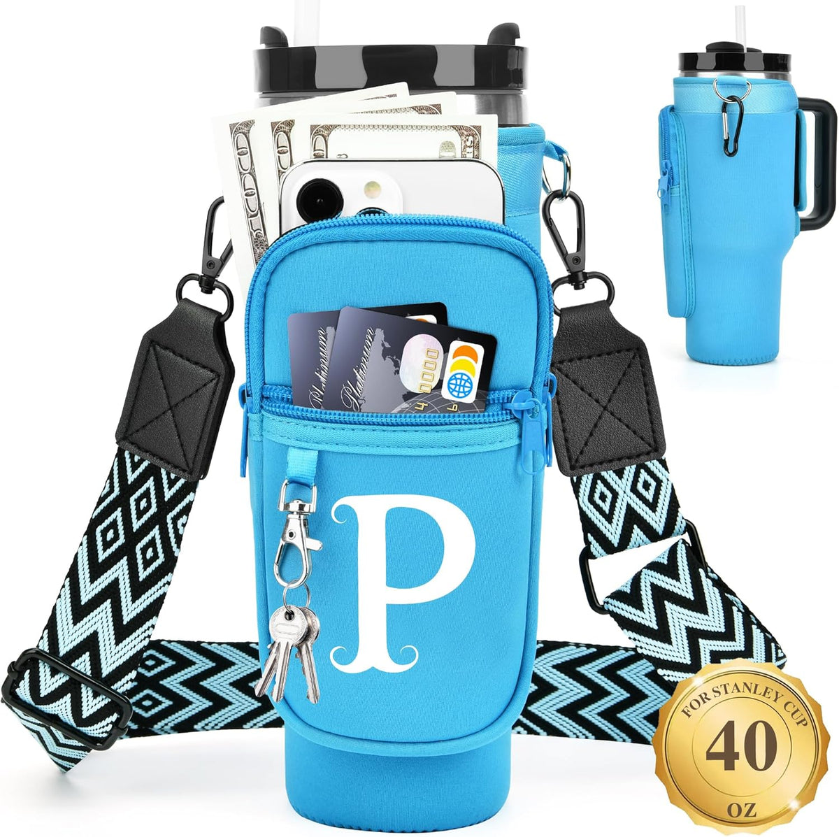 Initial Water Bottle Holder with Strap for Stanley Cup 40 oz with Handle
