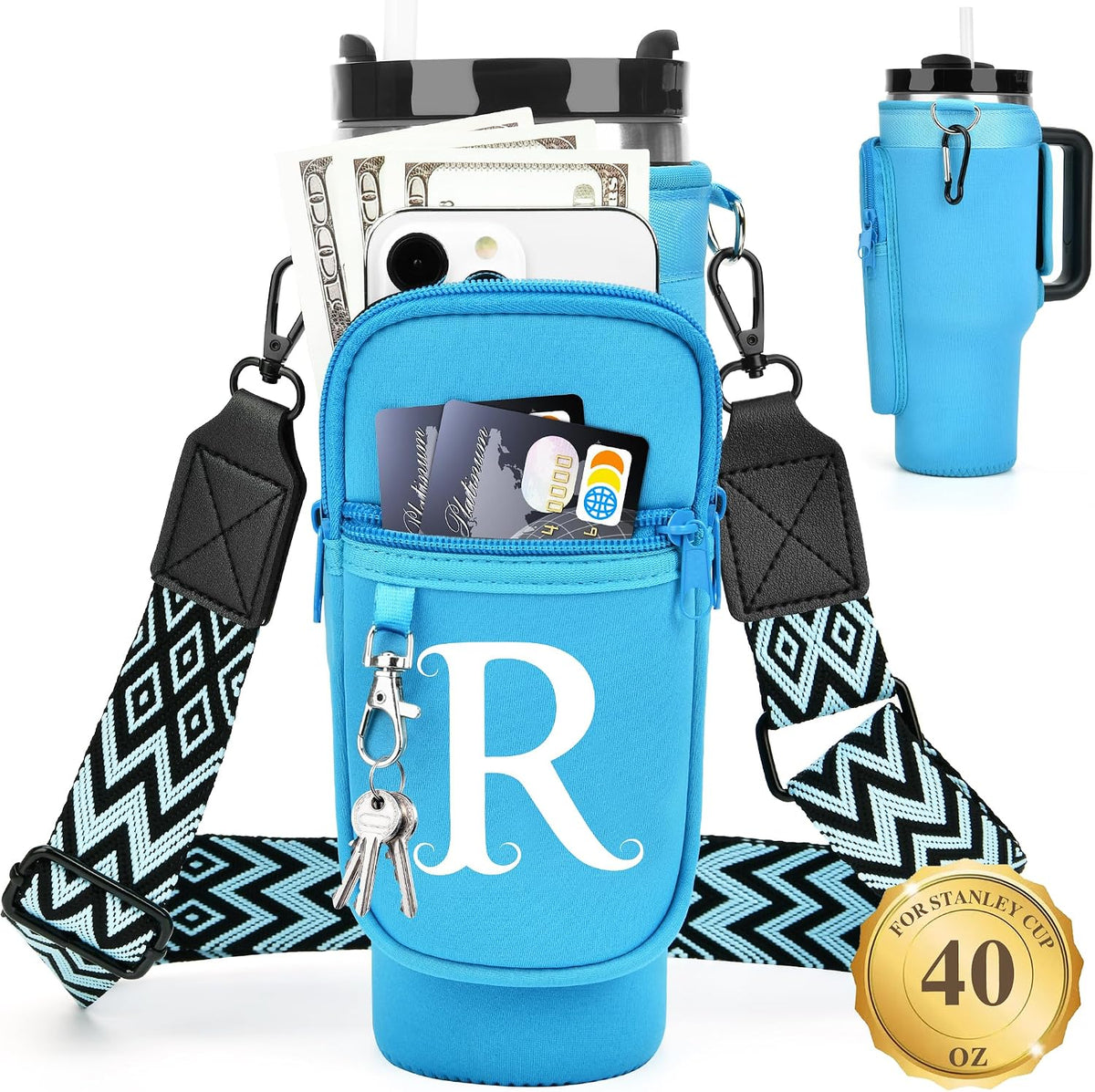 Initial Water Bottle Holder with Strap for Stanley Cup 40 oz with Handle