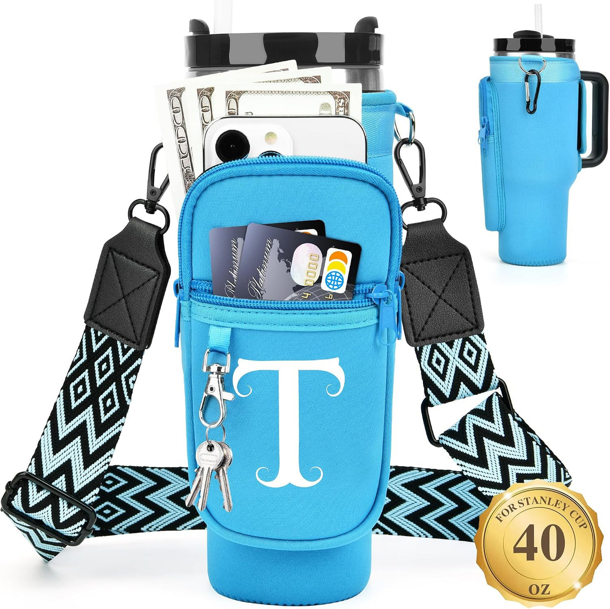 Initial Water Bottle Holder with Strap for Stanley Cup 40 oz with Handle