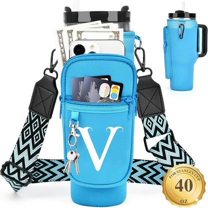 Initial Water Bottle Holder with Strap for Stanley Cup 40 oz with Handle