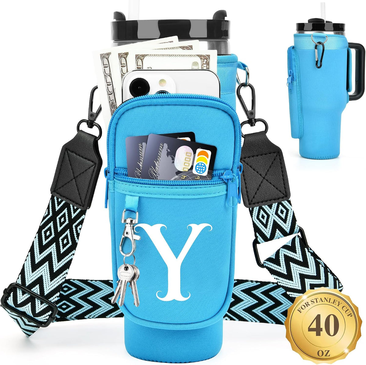 Initial Water Bottle Holder with Strap for Stanley Cup 40 oz with Handle