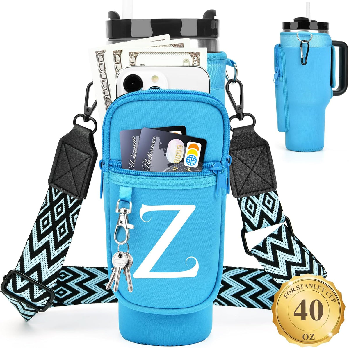 Initial Water Bottle Holder with Strap for Stanley Cup 40 oz with Handle