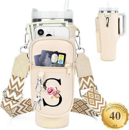 Initial Water Bottle Holder with Strap for Stanley Cup 40 oz with Handle