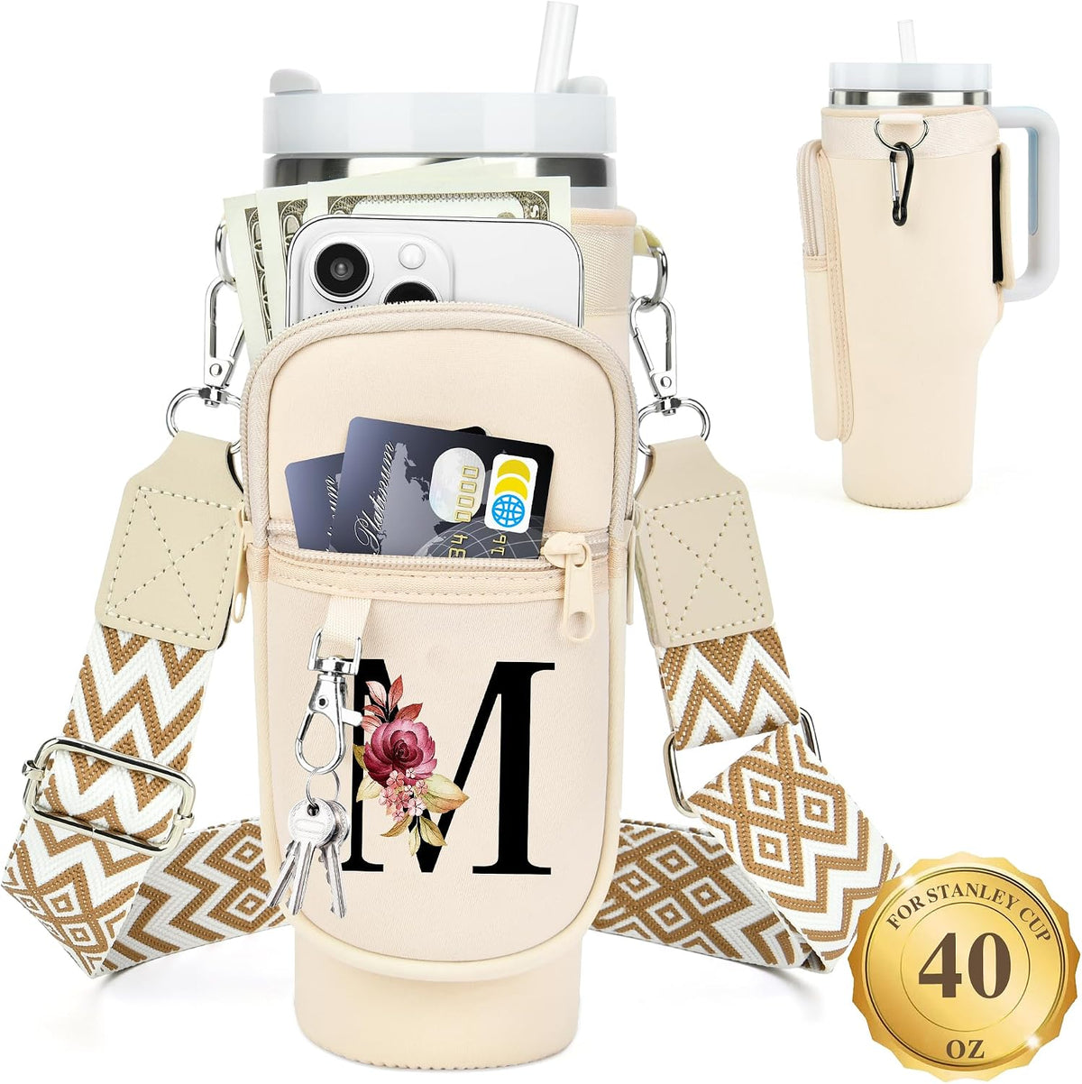 Initial Water Bottle Holder with Strap for Stanley Cup 40 oz with Handle