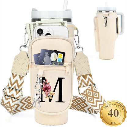 Initial Water Bottle Holder with Strap for Stanley Cup 40 oz with Handle