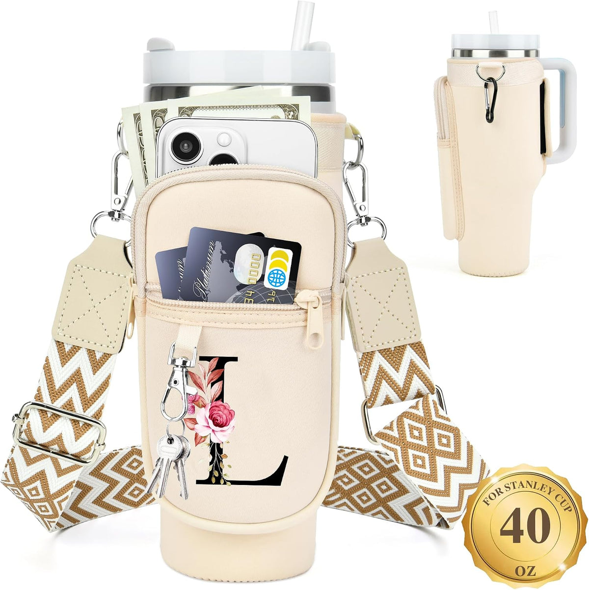 Initial Water Bottle Holder with Strap for Stanley Cup 40 oz with Handle