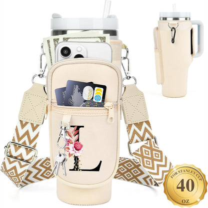 Initial Water Bottle Holder with Strap for Stanley Cup 40 oz with Handle