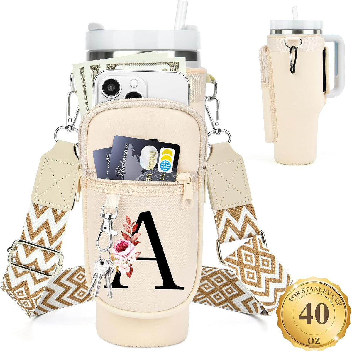 Initial Water Bottle Holder with Strap for Stanley Cup 40 oz with Handle