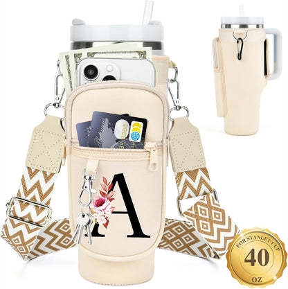 Initial Water Bottle Holder with Strap for Stanley Cup 40 oz with Handle