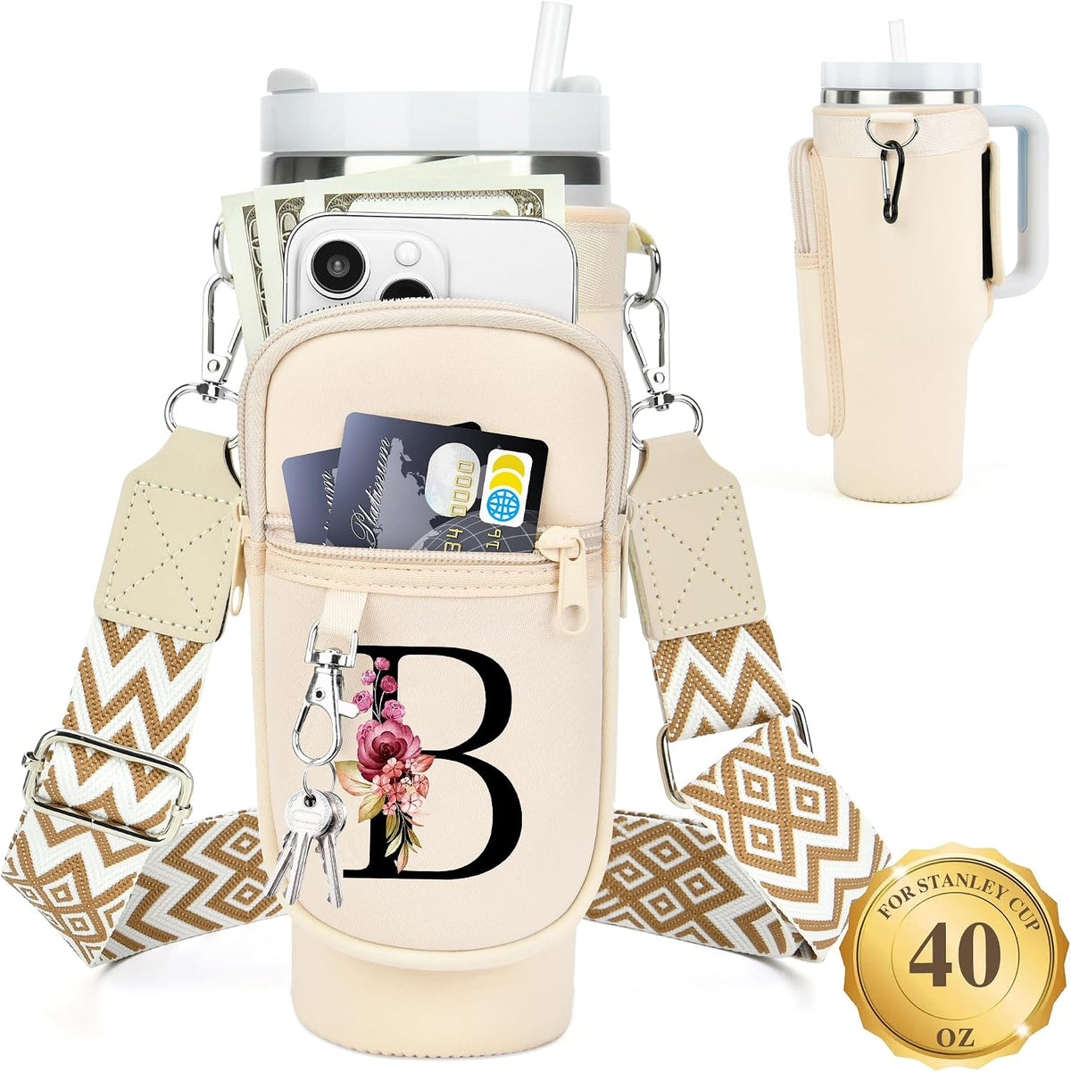 Initial Water Bottle Holder with Strap for Stanley Cup 40 oz with Handle