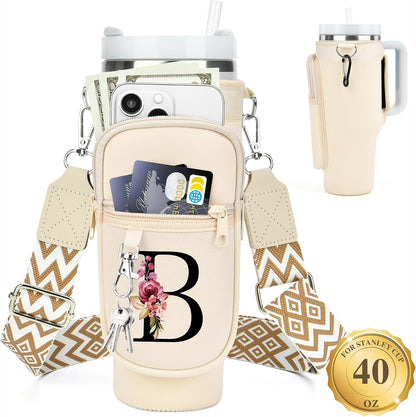 Initial Water Bottle Holder with Strap for Stanley Cup 40 oz with Handle