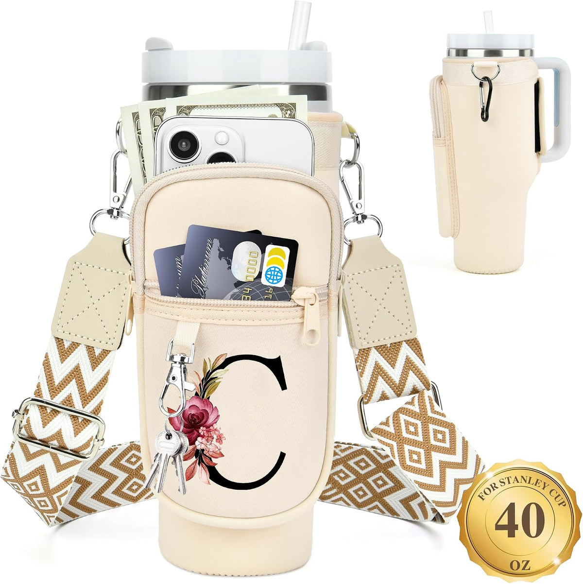 Initial Water Bottle Holder with Strap for Stanley Cup 40 oz with Handle