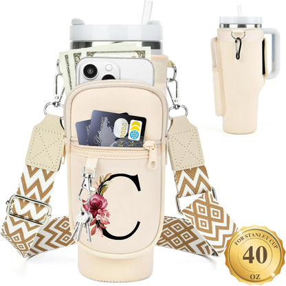 Initial Water Bottle Holder with Strap for Stanley Cup 40 oz with Handle