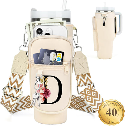 Initial Water Bottle Holder with Strap for Stanley Cup 40 oz with Handle