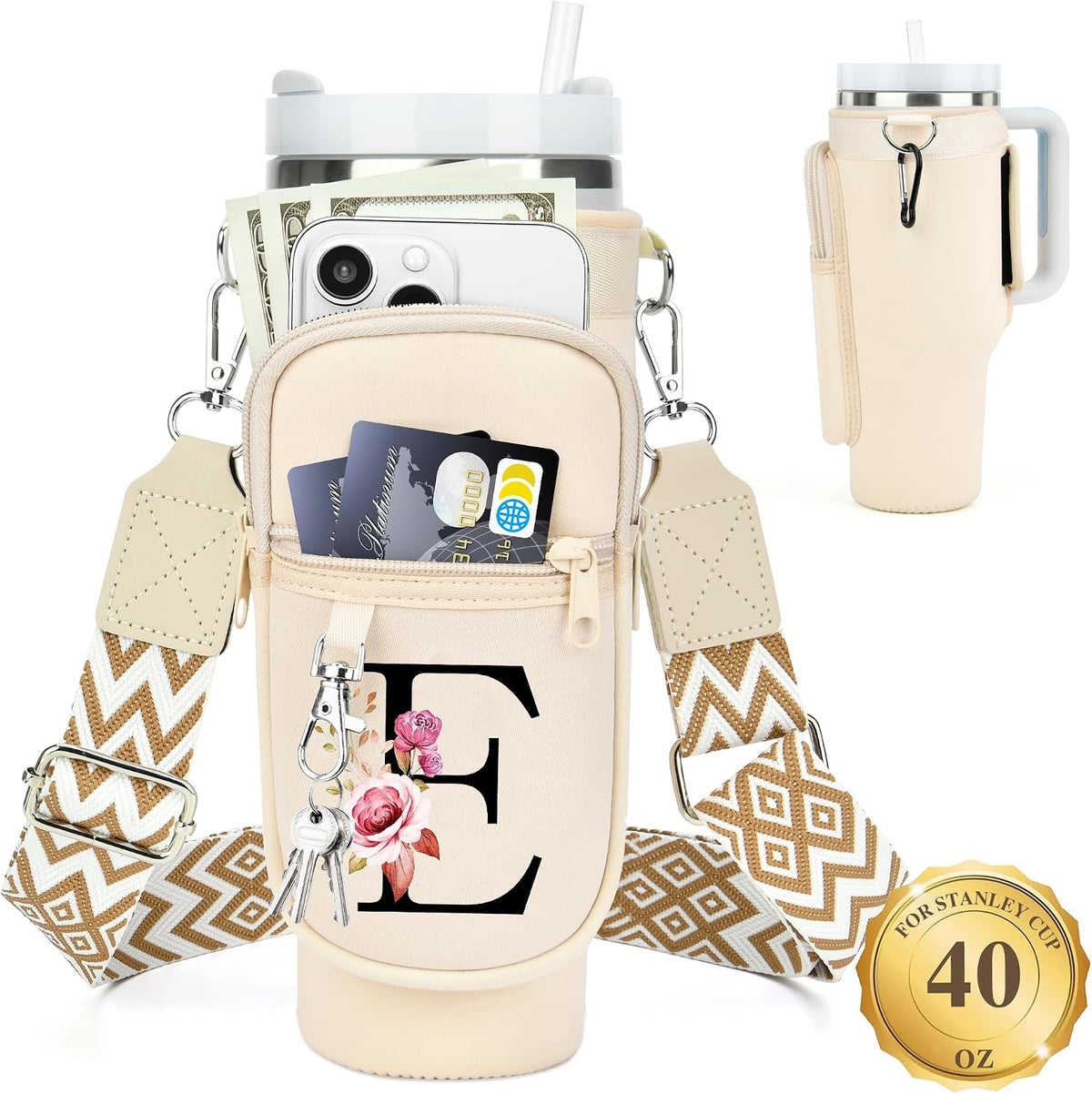 Initial Water Bottle Holder with Strap for Stanley Cup 40 oz with Handle