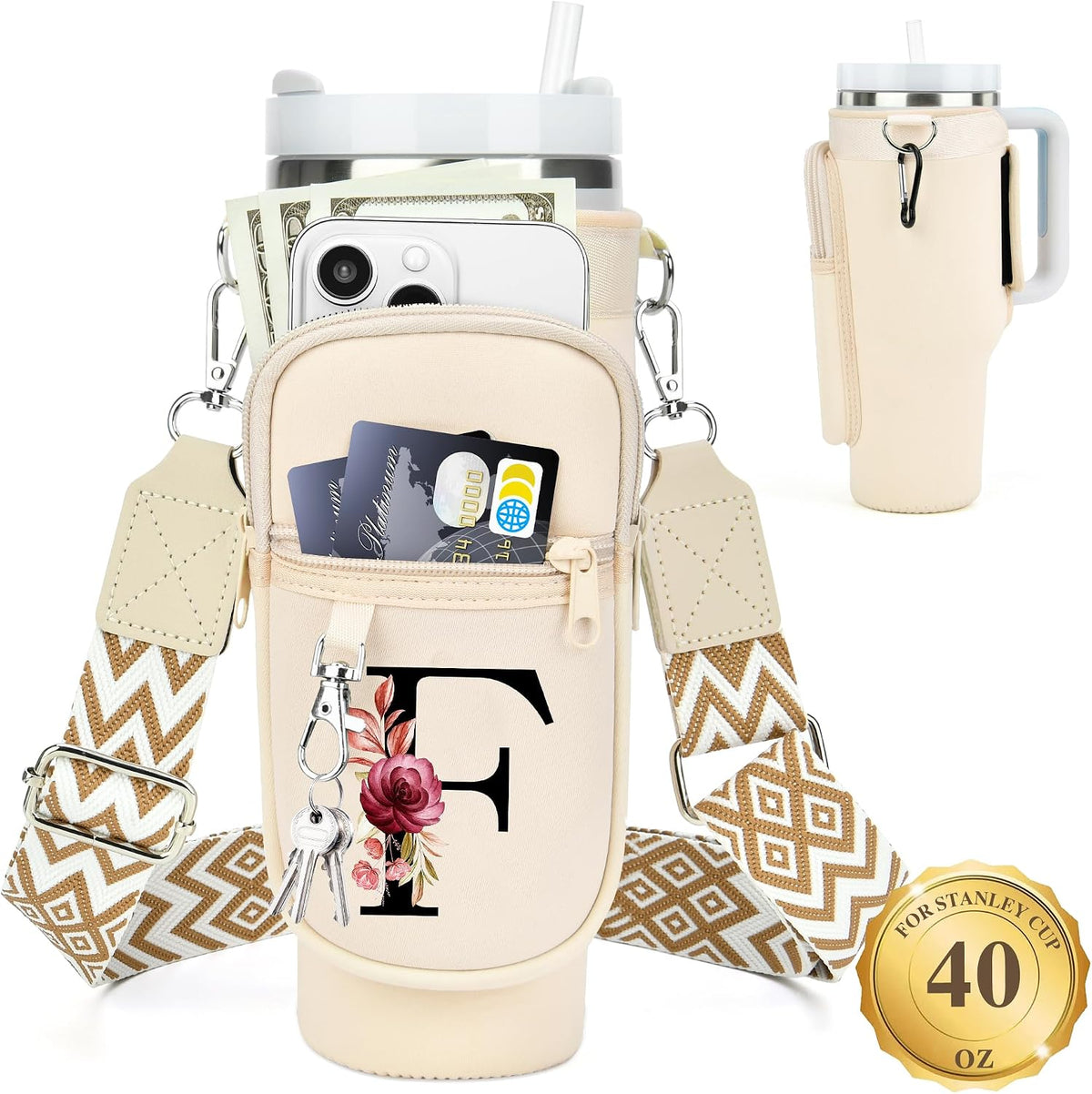 Initial Water Bottle Holder with Strap for Stanley Cup 40 oz with Handle