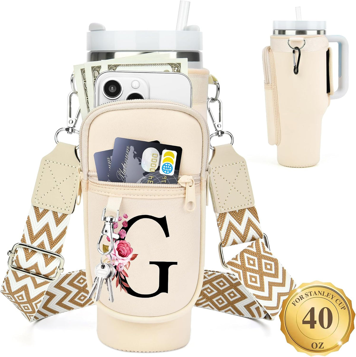 Initial Water Bottle Holder with Strap for Stanley Cup 40 oz with Handle