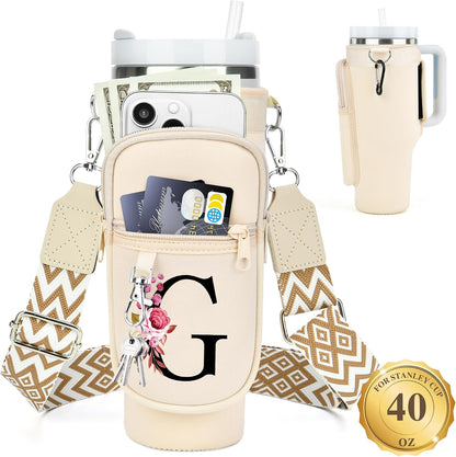 Initial Water Bottle Holder with Strap for Stanley Cup 40 oz with Handle