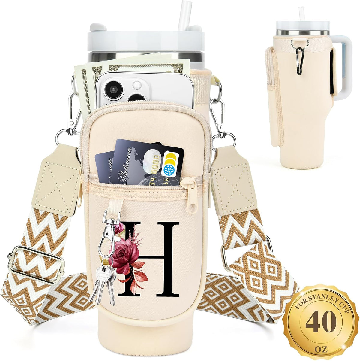 Initial Water Bottle Holder with Strap for Stanley Cup 40 oz with Handle