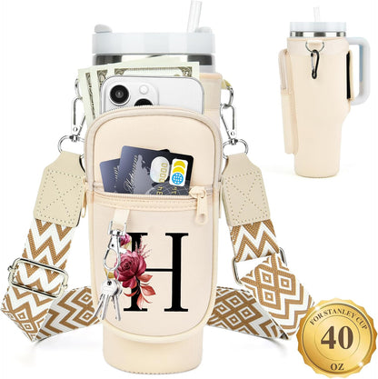 Initial Water Bottle Holder with Strap for Stanley Cup 40 oz with Handle