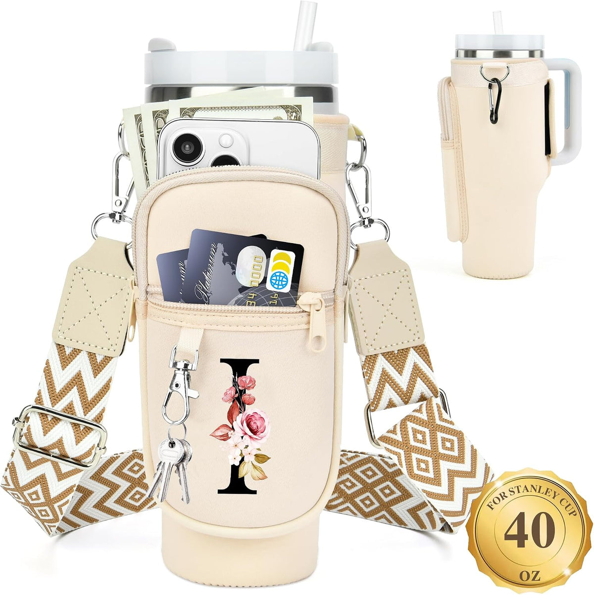 Initial Water Bottle Holder with Strap for Stanley Cup 40 oz with Handle