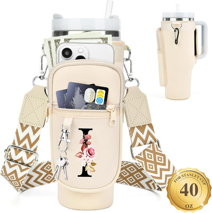 Initial Water Bottle Holder with Strap for Stanley Cup 40 oz with Handle