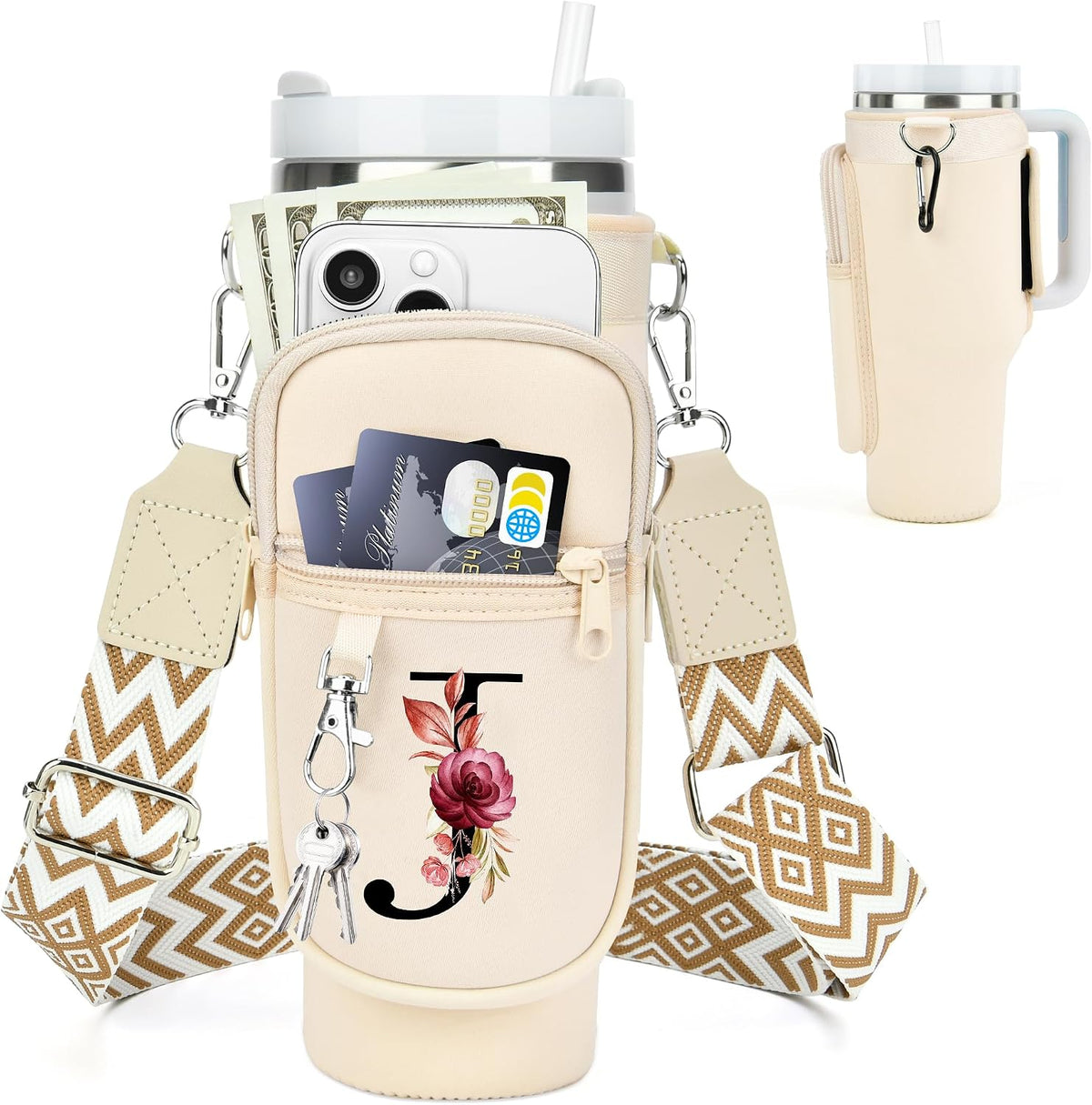 Initial Water Bottle Holder with Strap for Stanley Cup 40 oz with Handle