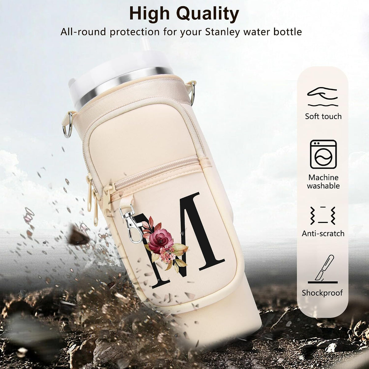Initial Water Bottle Holder with Strap for Stanley Cup 40 oz with Handle