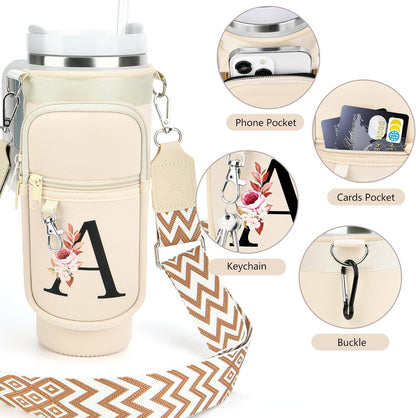 Initial Water Bottle Holder with Strap for Stanley Cup 40 oz with Handle