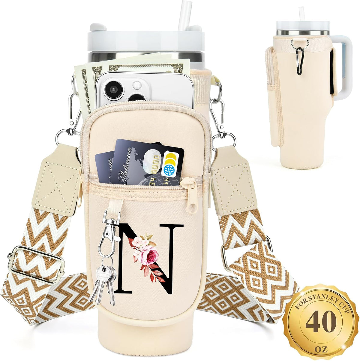 Initial Water Bottle Holder with Strap for Stanley Cup 40 oz with Handle
