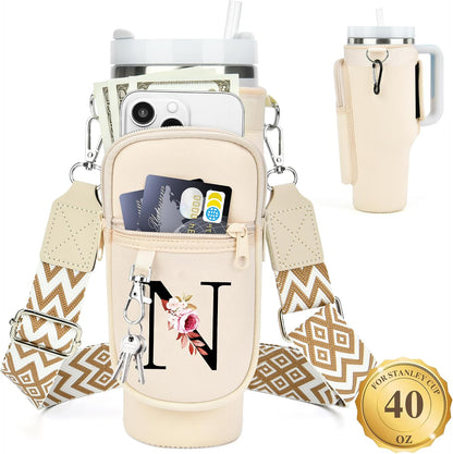 Initial Water Bottle Holder with Strap for Stanley Cup 40 oz with Handle