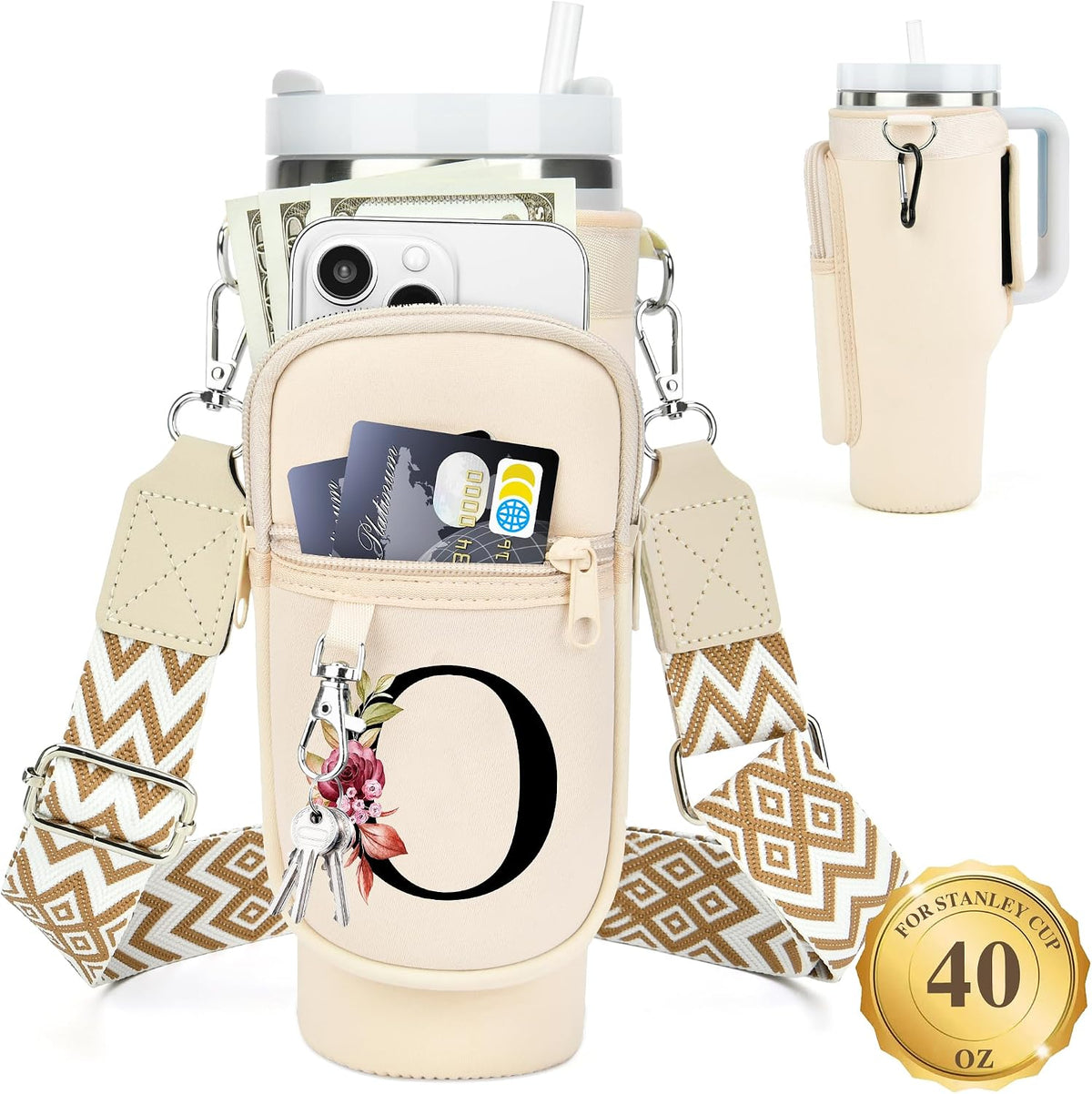 Initial Water Bottle Holder with Strap for Stanley Cup 40 oz with Handle